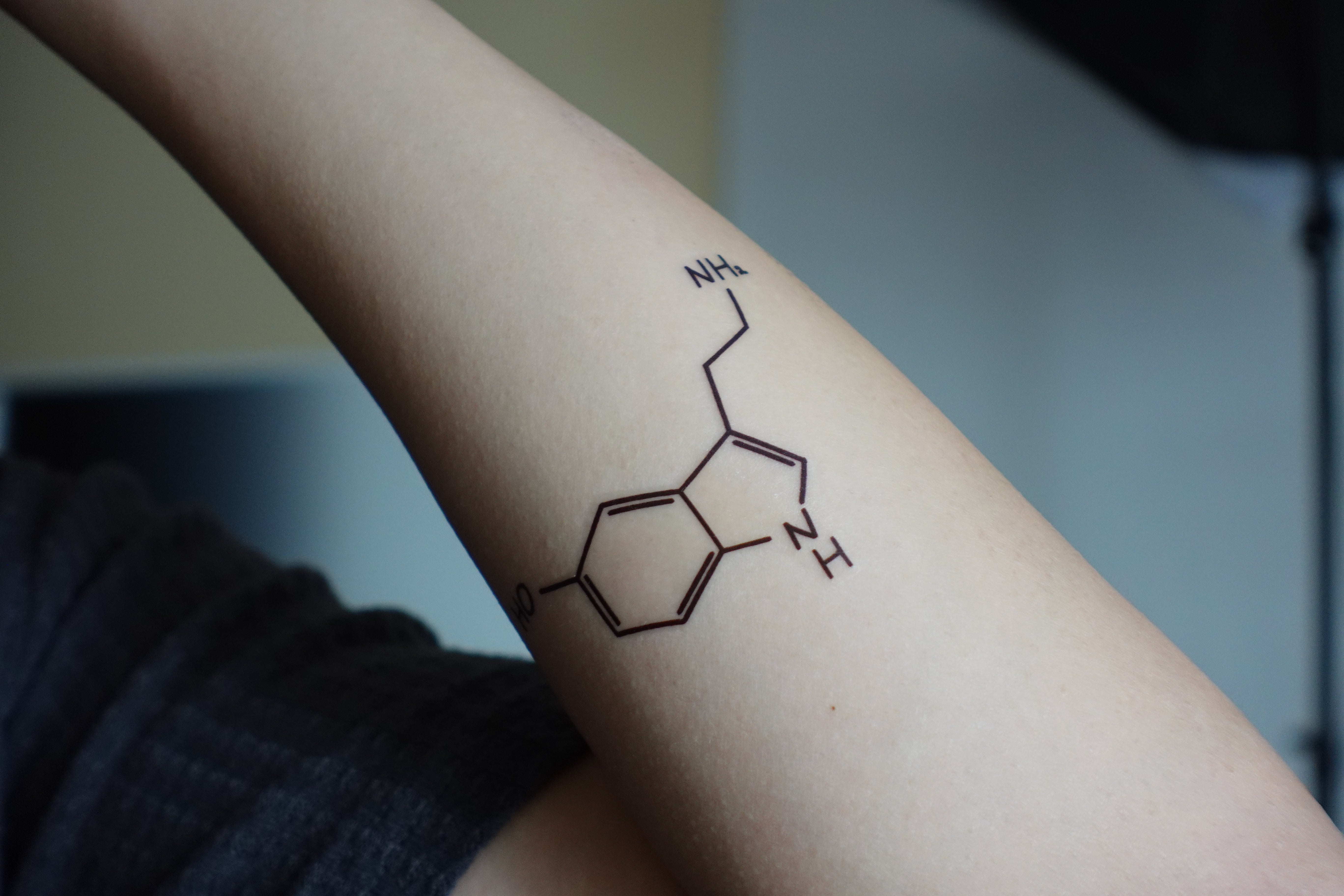 Dopamine and serotonin as my first tattoos by Anthony Schuster at Ink Haus  in Pepperell, MA. : r/tattoos
